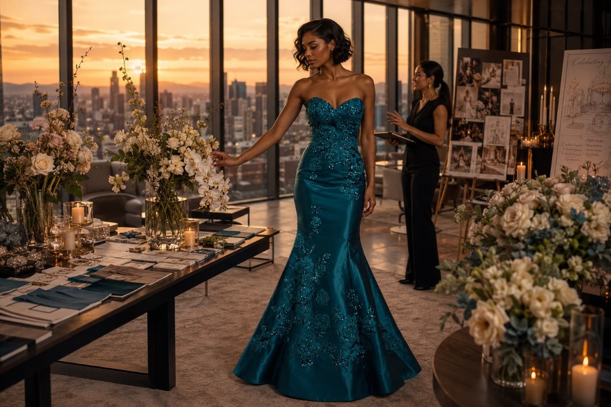 Teal mermaid gown birthday planning scene