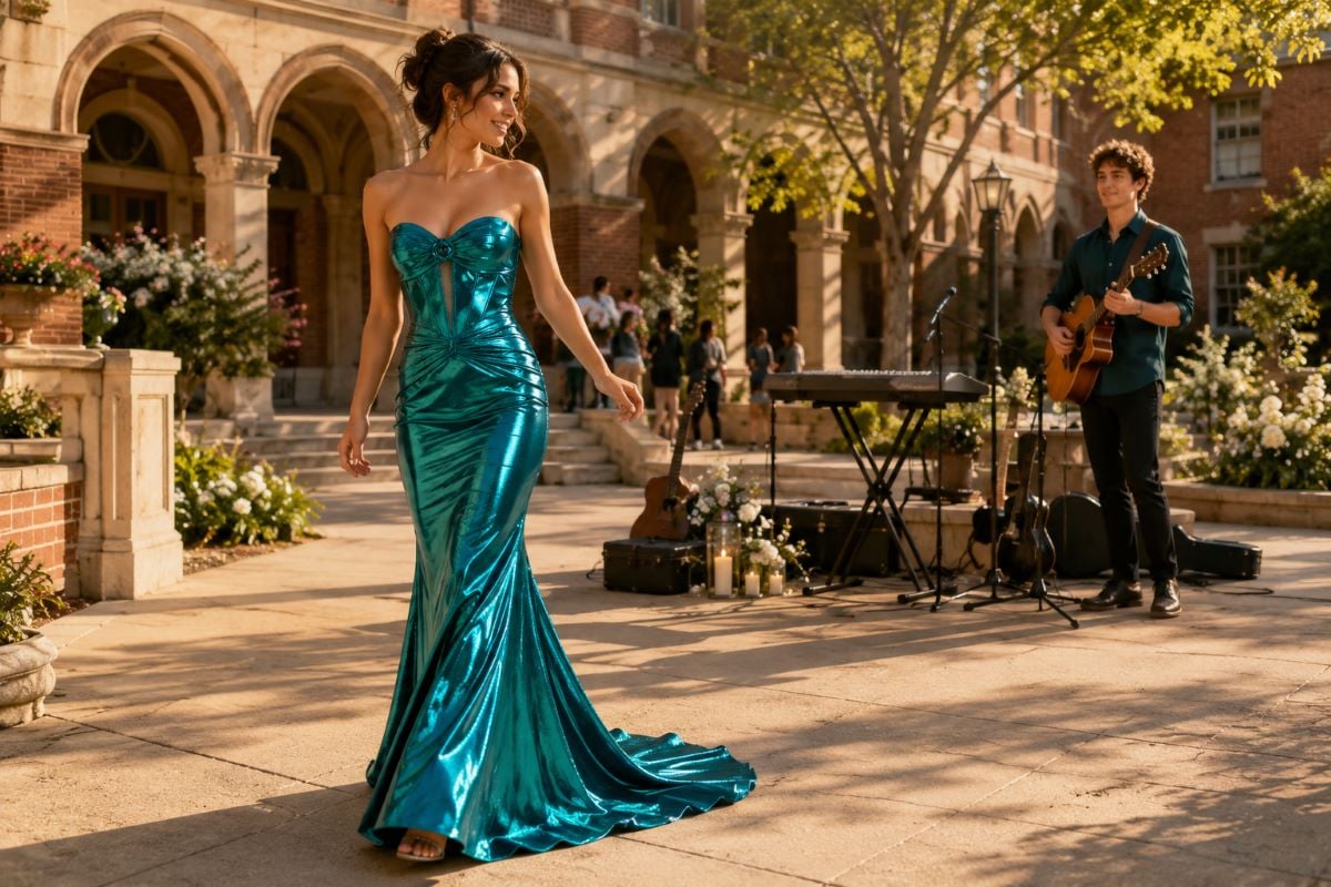 Teal metallic prom gown music promposal