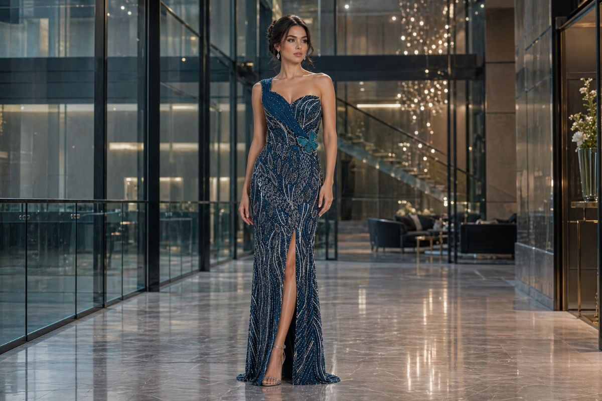 Teal one-shoulder sequin evening gown with front slit