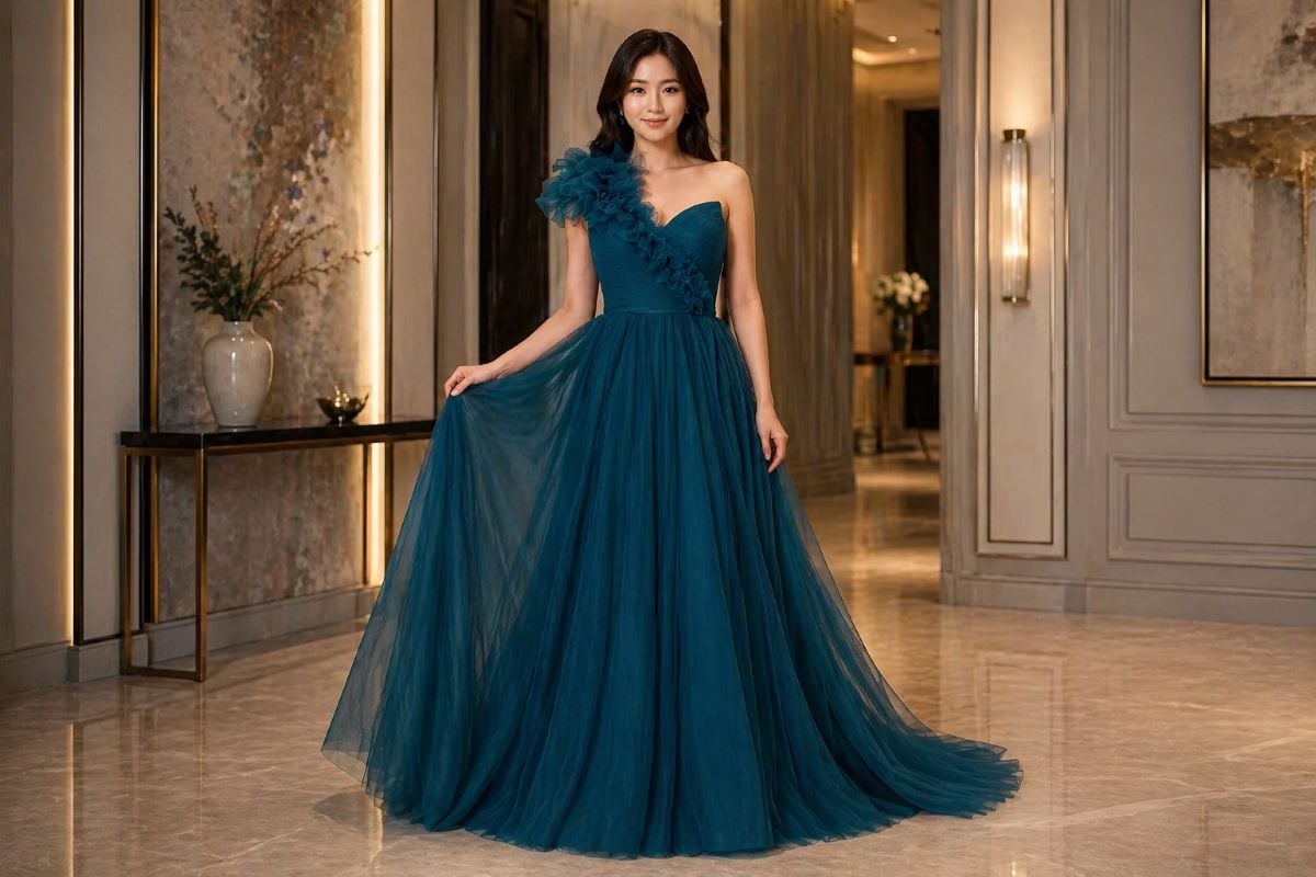 Teal one-shoulder tulle A-line evening gown with ruffled bodice detail