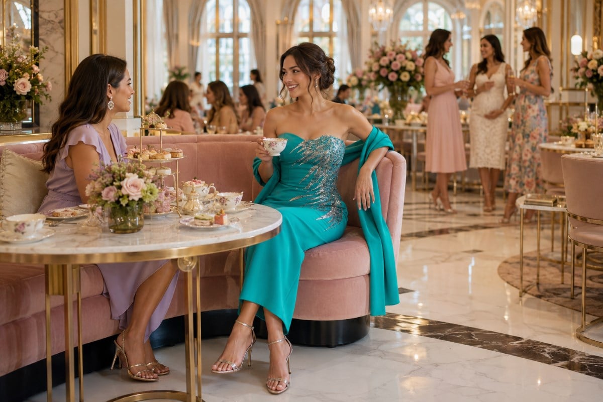 Teal embellished midi dress at tea shower