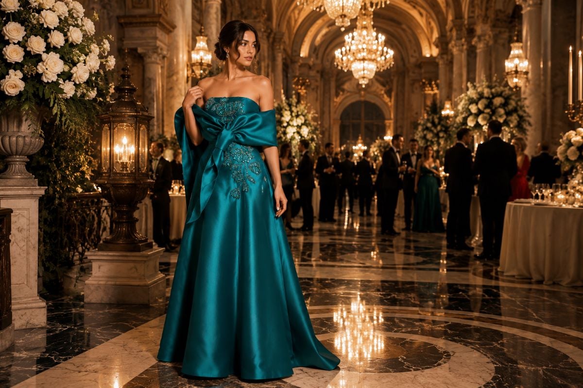 Teal strapless black tie evening gown