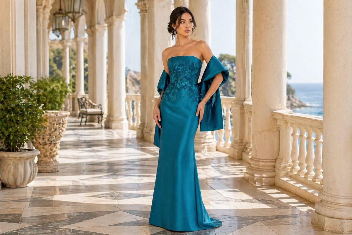 Teal strapless mother of the bride evening gown