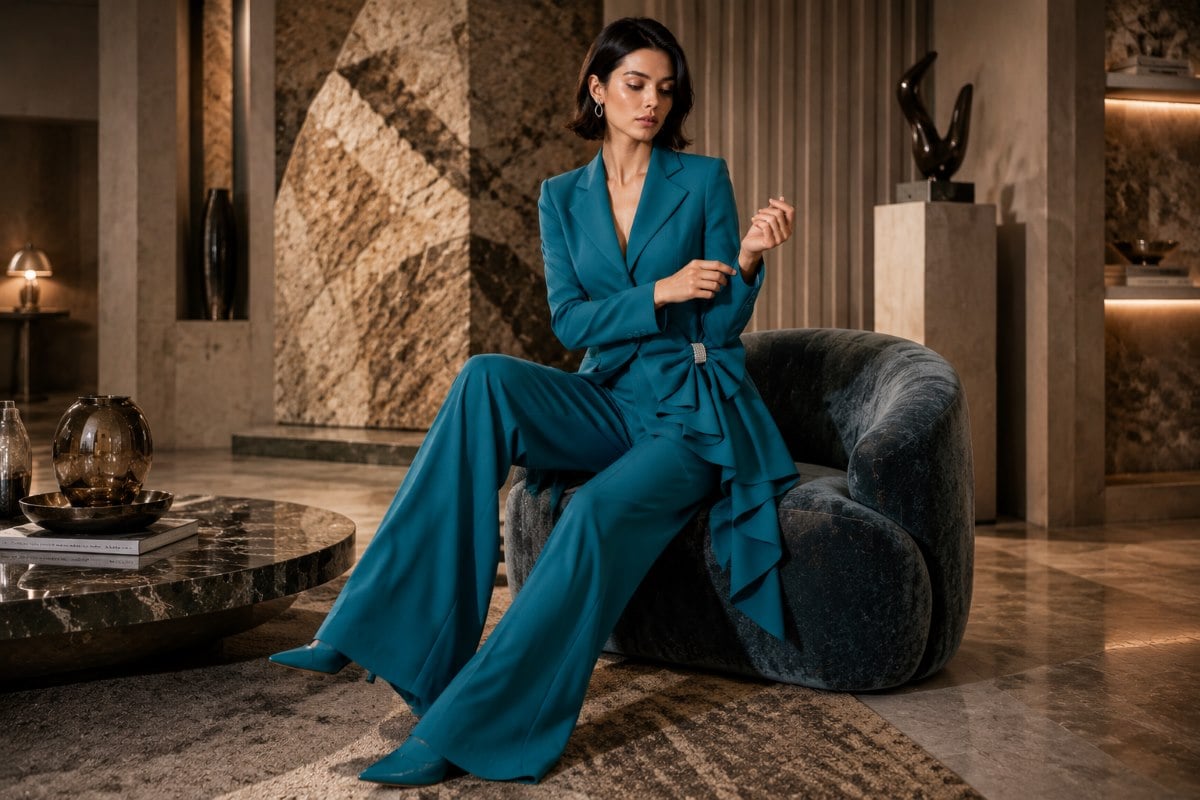Teal tailored blazer silhouette fashion editorial