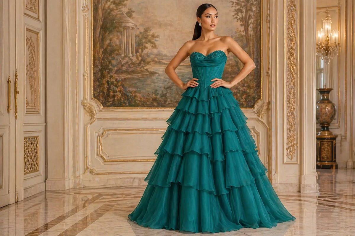 Teal tiered ball gown strapless