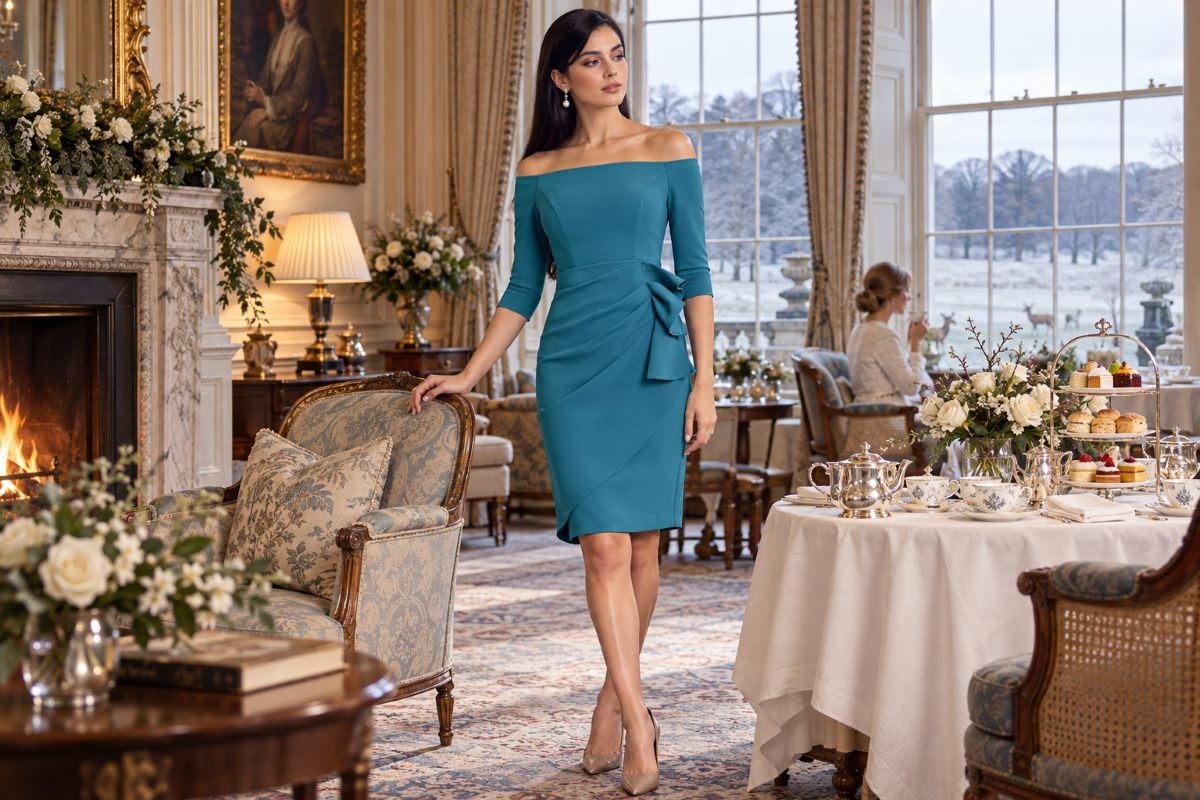 Teal winter tea party sheath dress