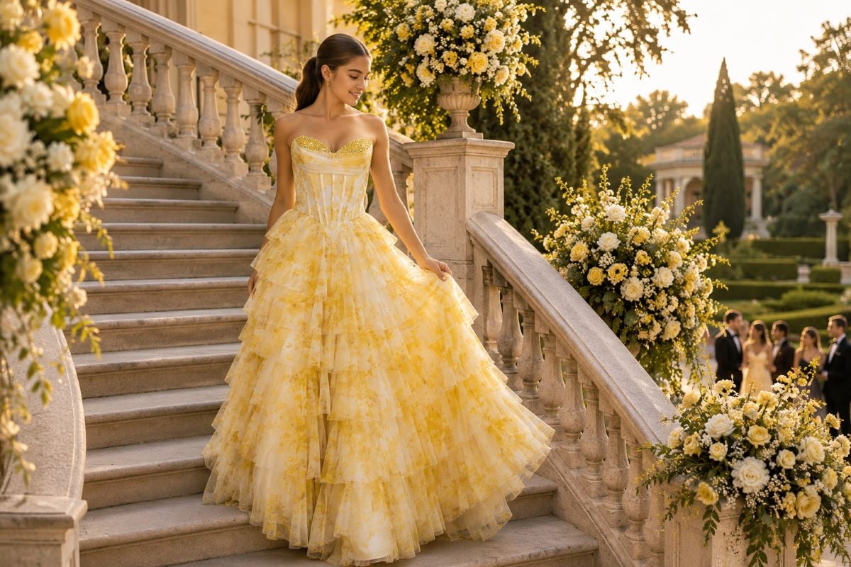 Teen junior bridesmaid in yellow floral ball gown