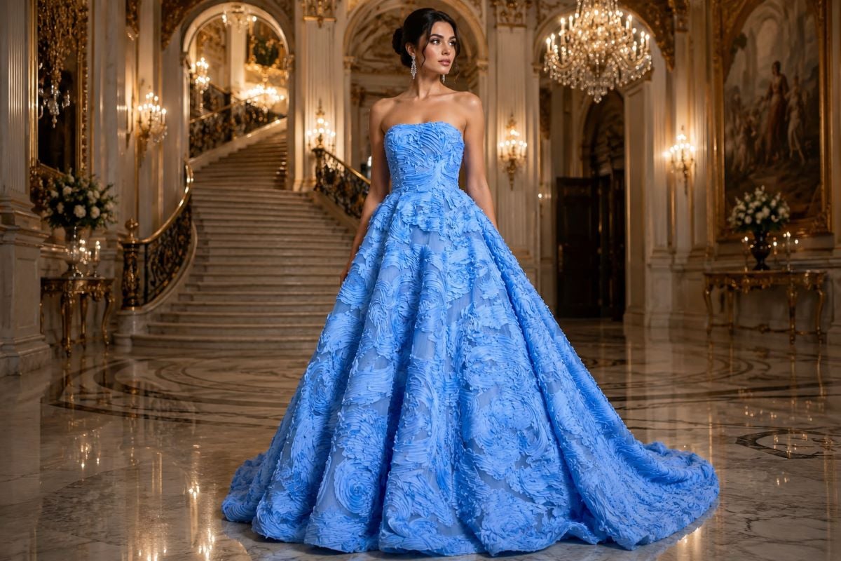 Blue textured ball gown with dramatic volume