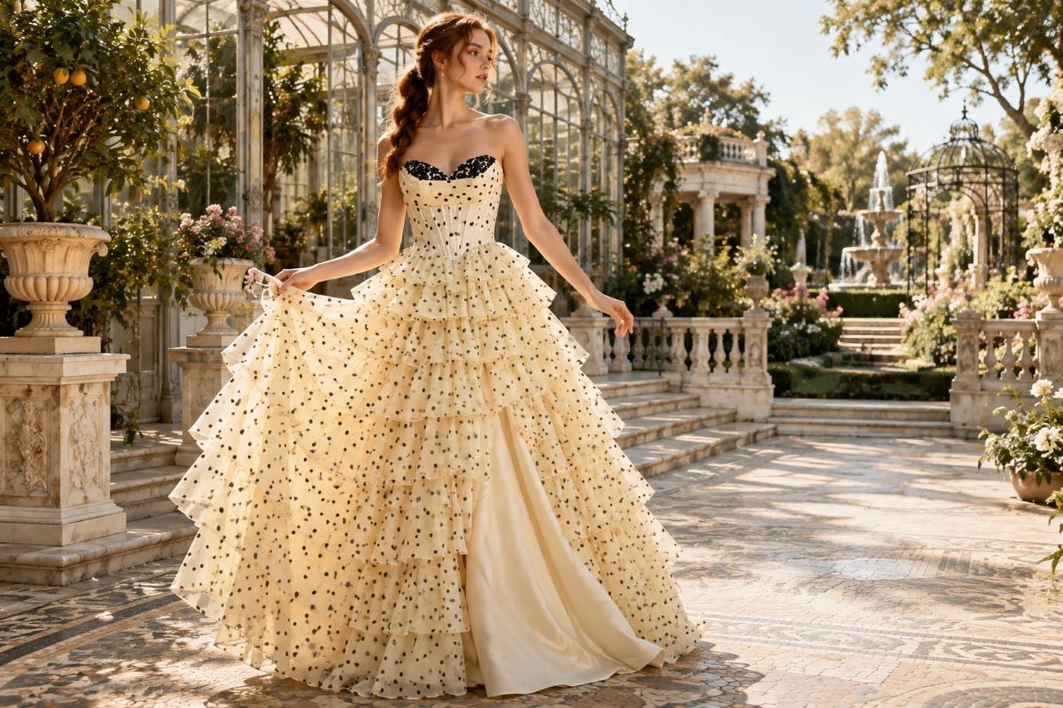 Textured champagne tiered ruffle evening gown