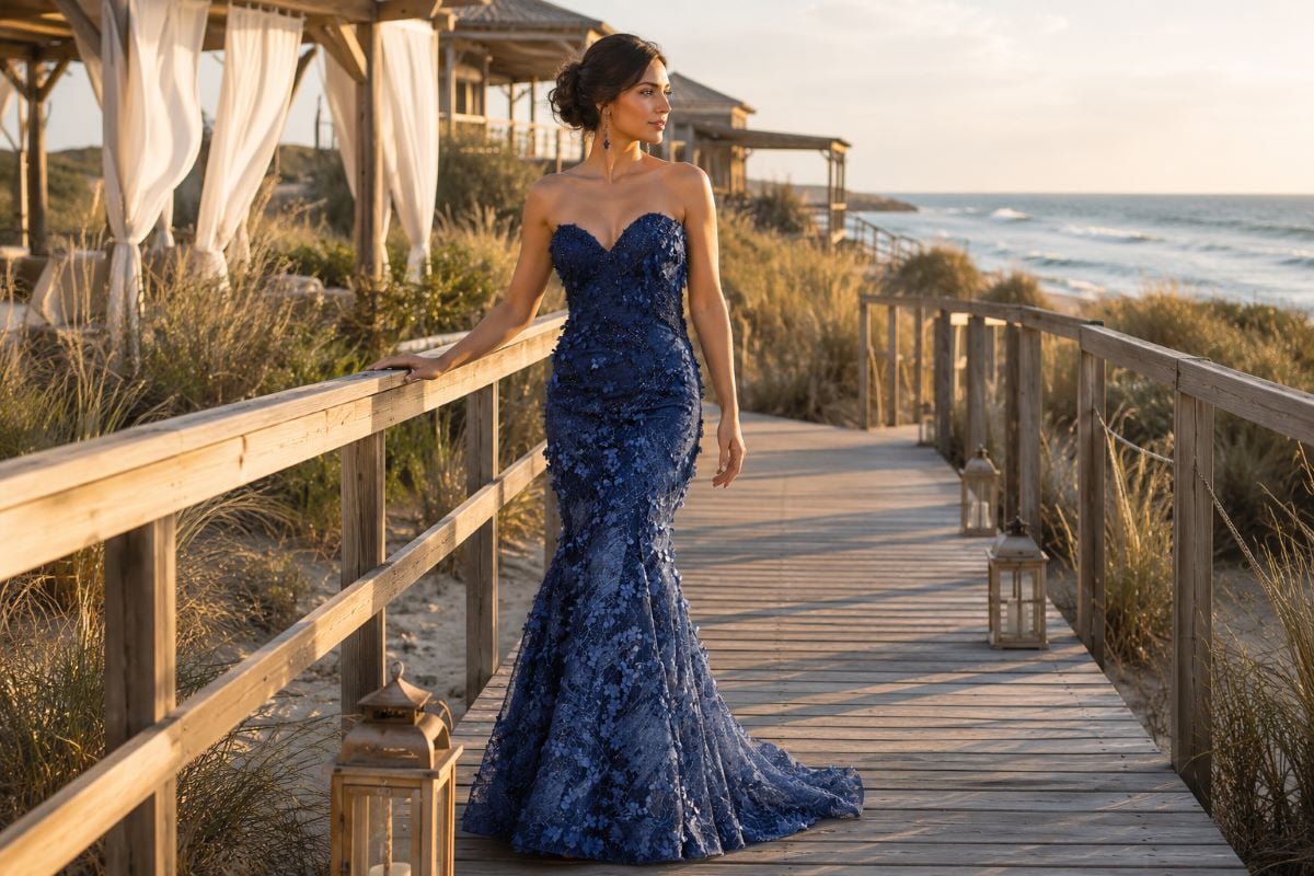 Textured mermaid gown in coastal breeze