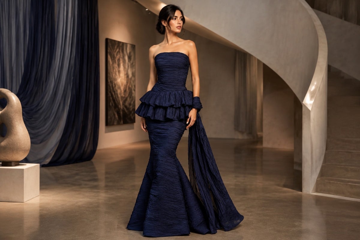 Textured navy peplum mermaid gown editorial