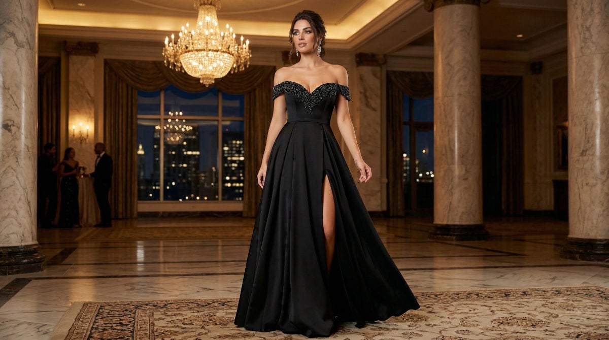 elegant black off-the-shoulder evening gown with beaded
