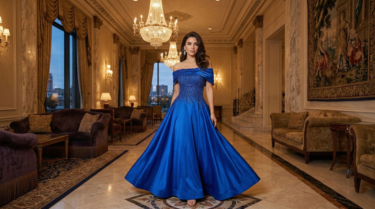 woman in a detailed royal blue evening gown