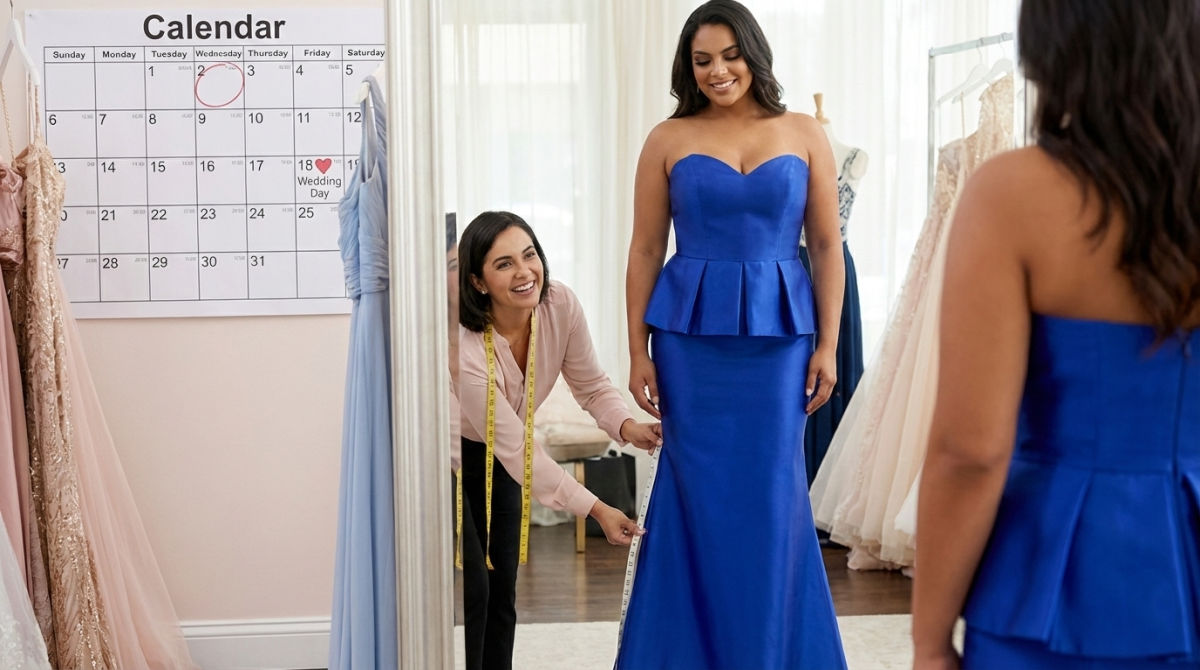 Mother of the bride having a blue dress fitted by a tailor, with a planning calendar visible in the background.