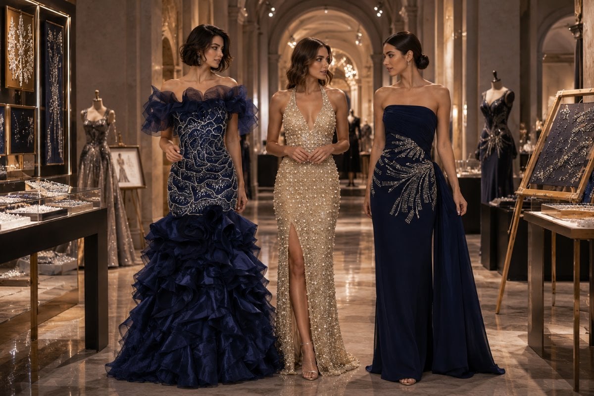 Three couture gowns comparing beading techniques