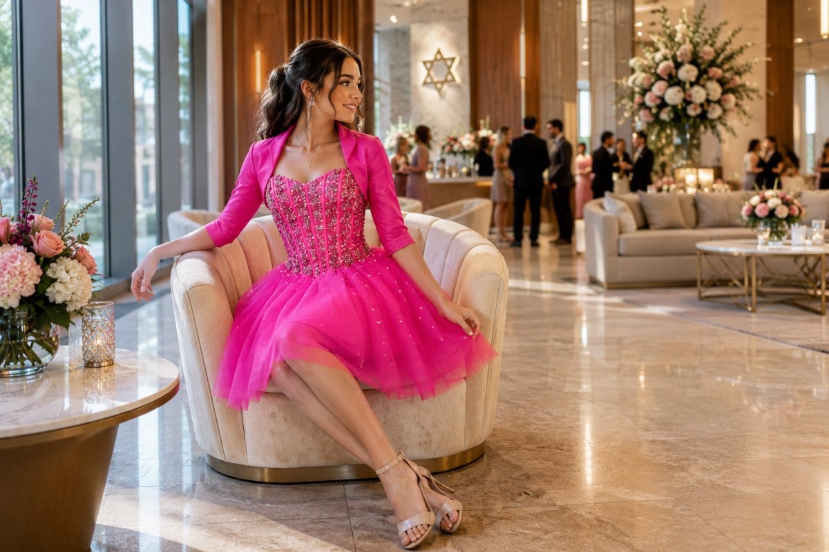 Hot pink three-quarter sleeve bat mitzvah dress