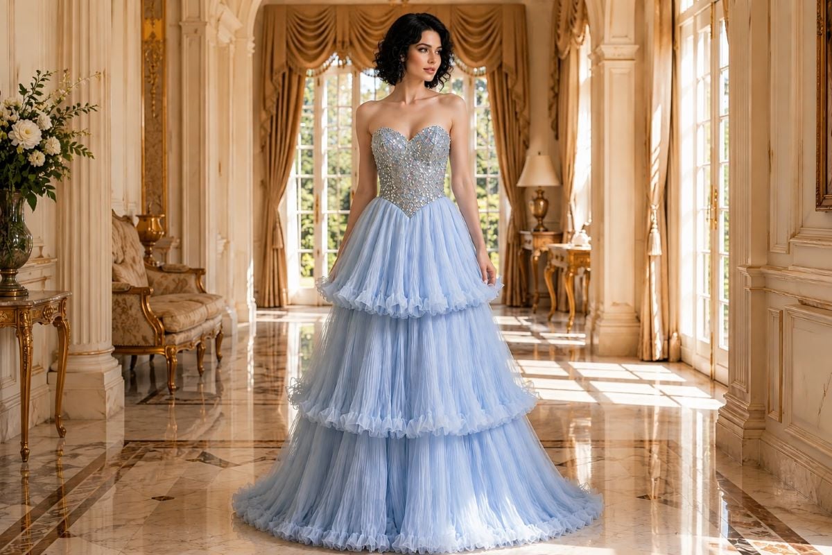 Tiered ball gown with elegant formal hairstyle
