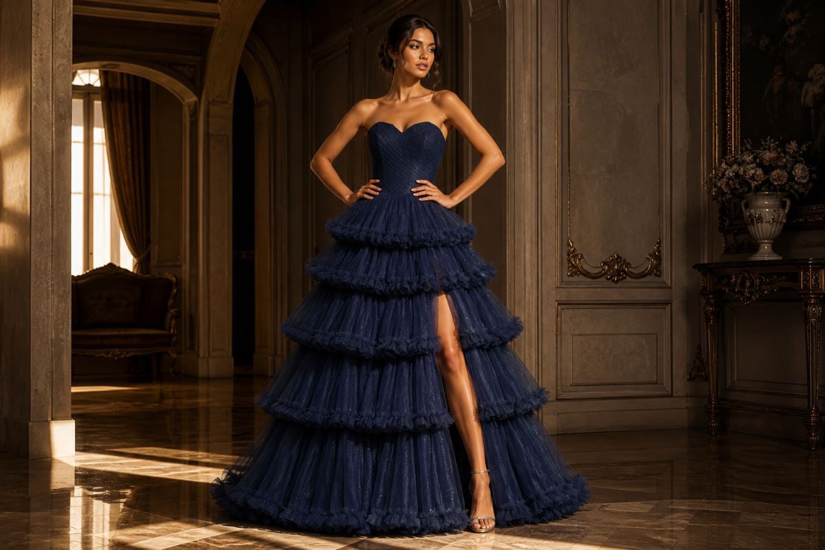 Tiered tulle strapless prom gown with layered skirt and slit