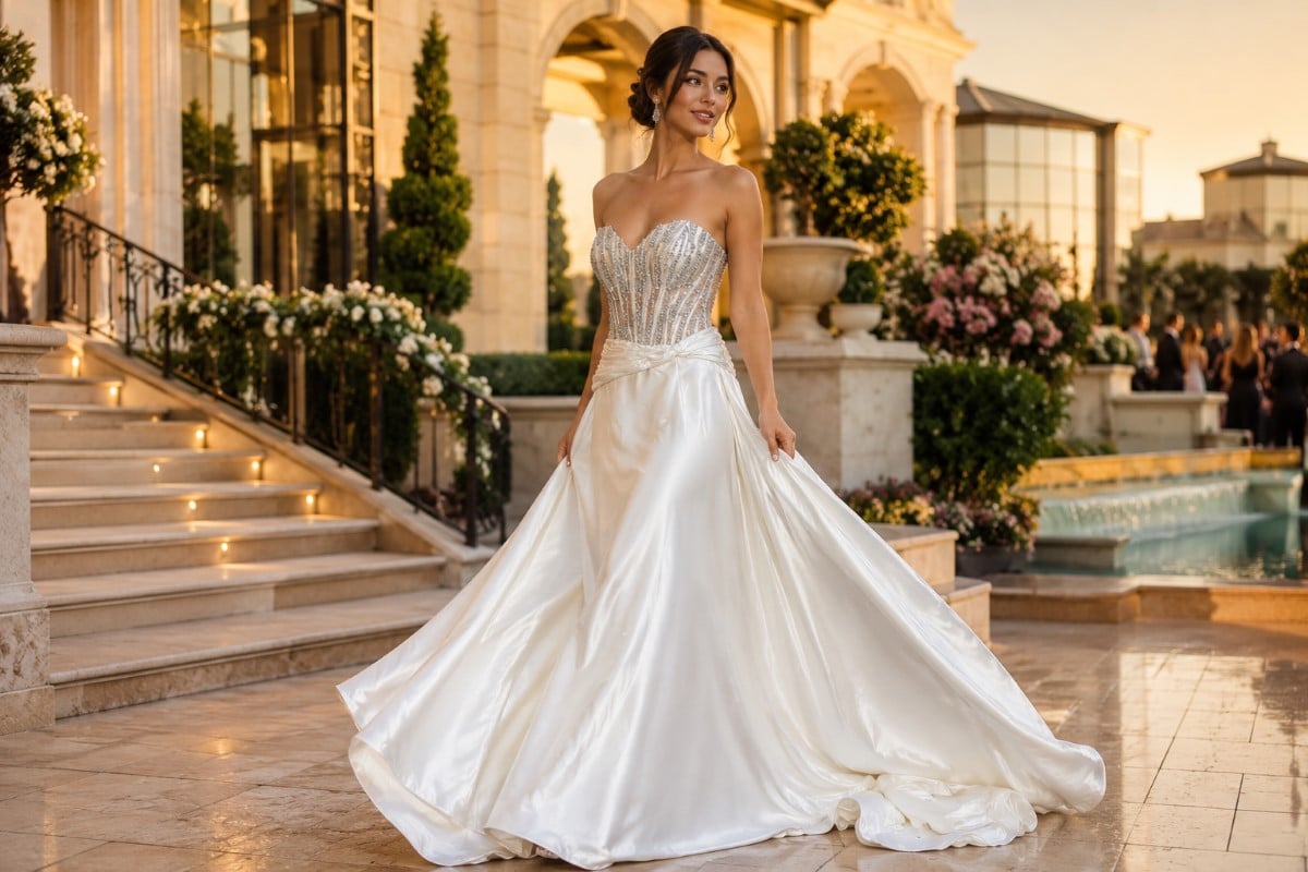Crystal satin prom dress in motion