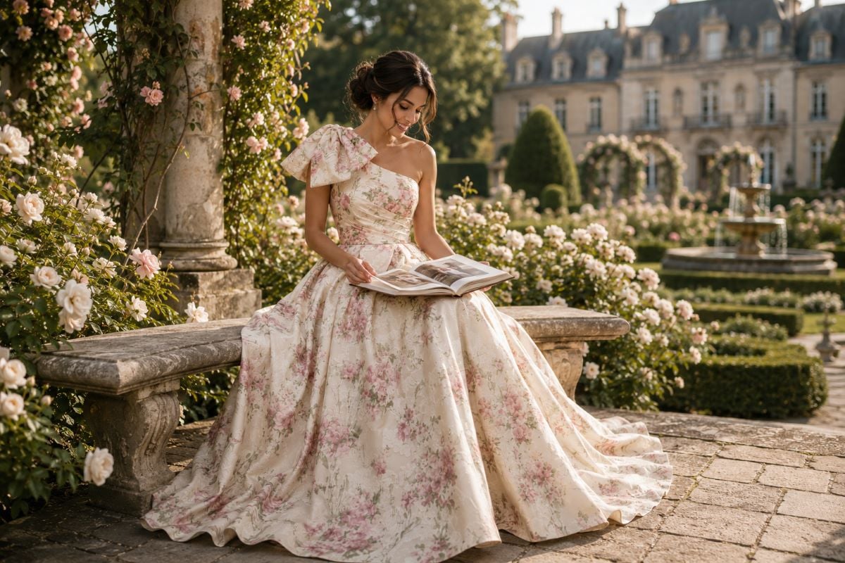 Floral ballgown in timeless rose garden
