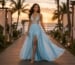 Sky blue chiffon gown at tropical wedding resort