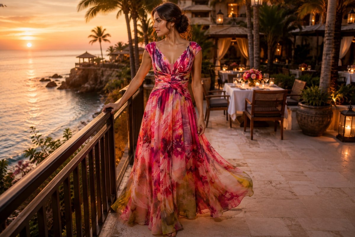 Colorful chiffon gown at tropical resort