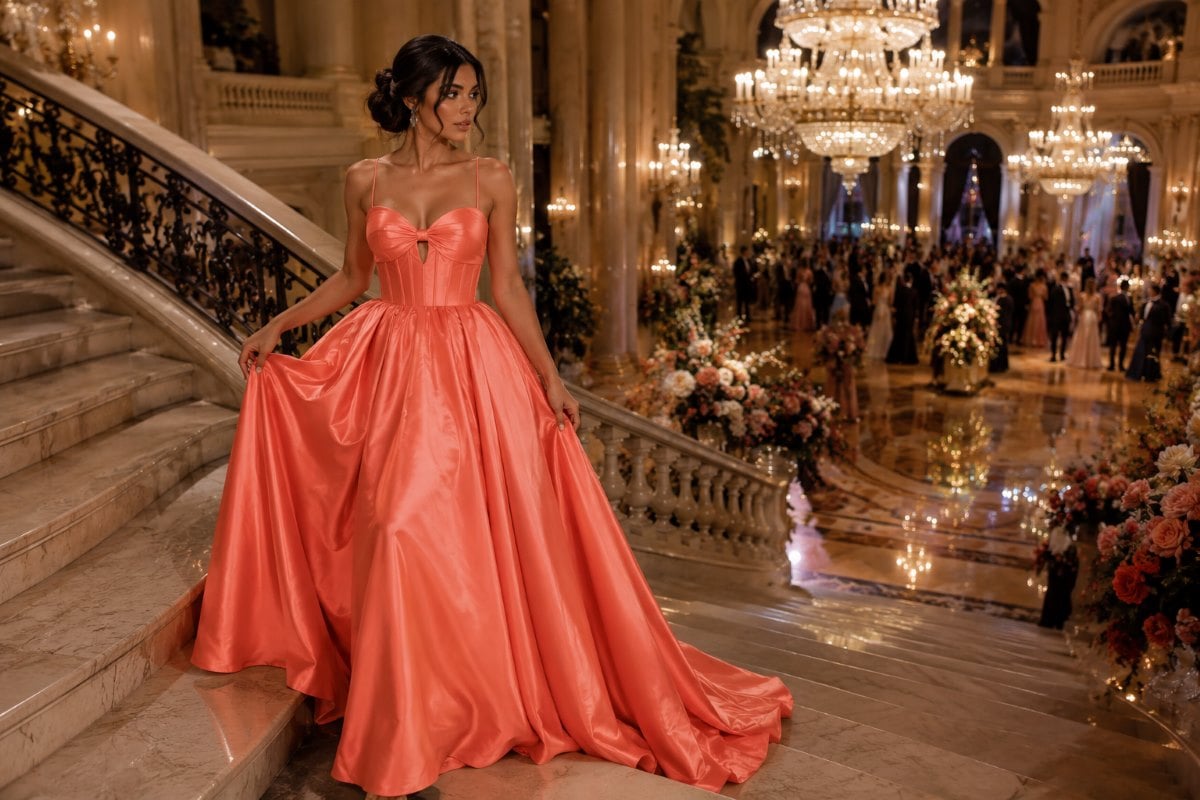 True coral satin ball gown at luxury prom