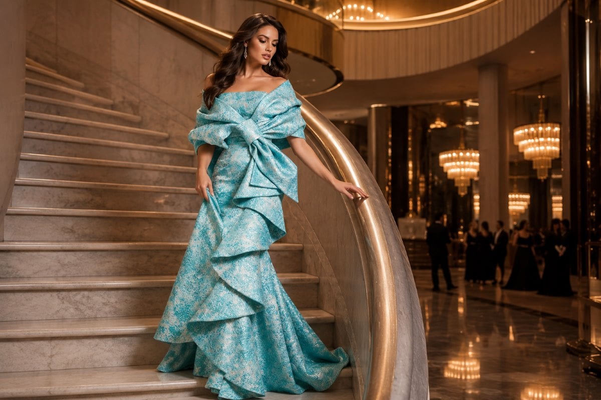 Turquoise sculptural mermaid gown on opera staircase