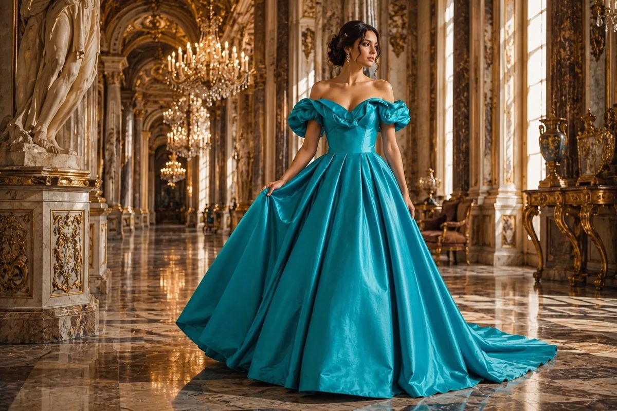 Turquoise evening ball gown palace editorial
