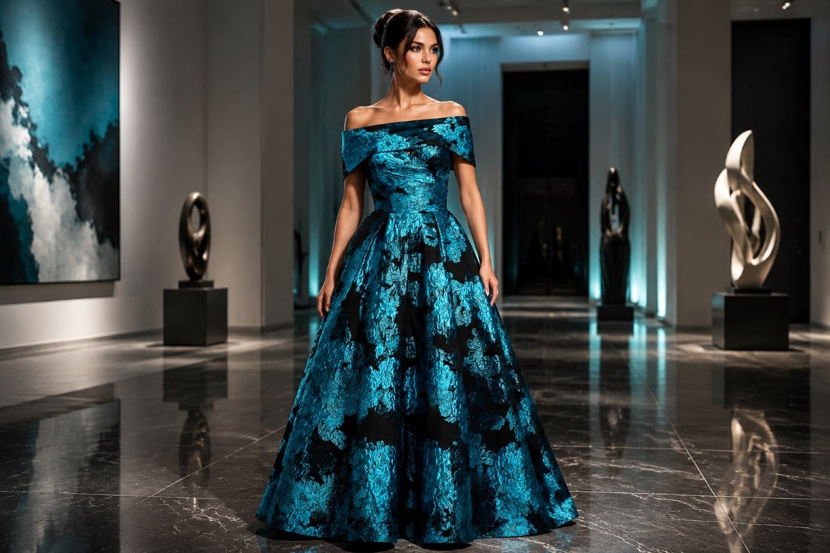 Turquoise floral jacquard evening gown editorial look