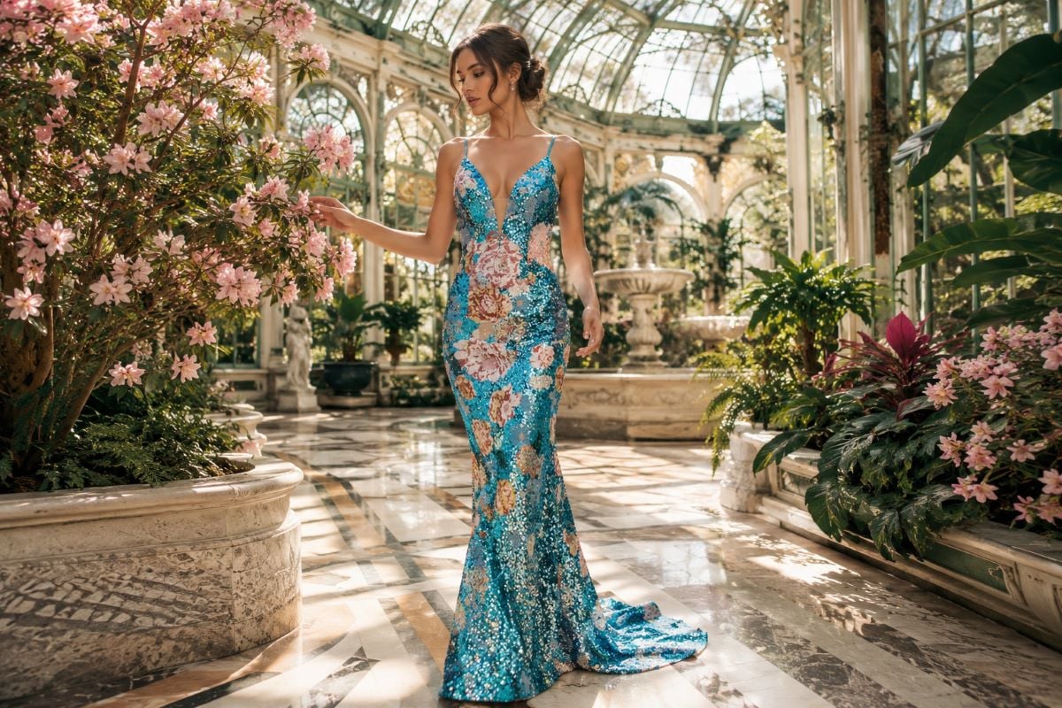 Turquoise floral sequin trumpet gown editorial