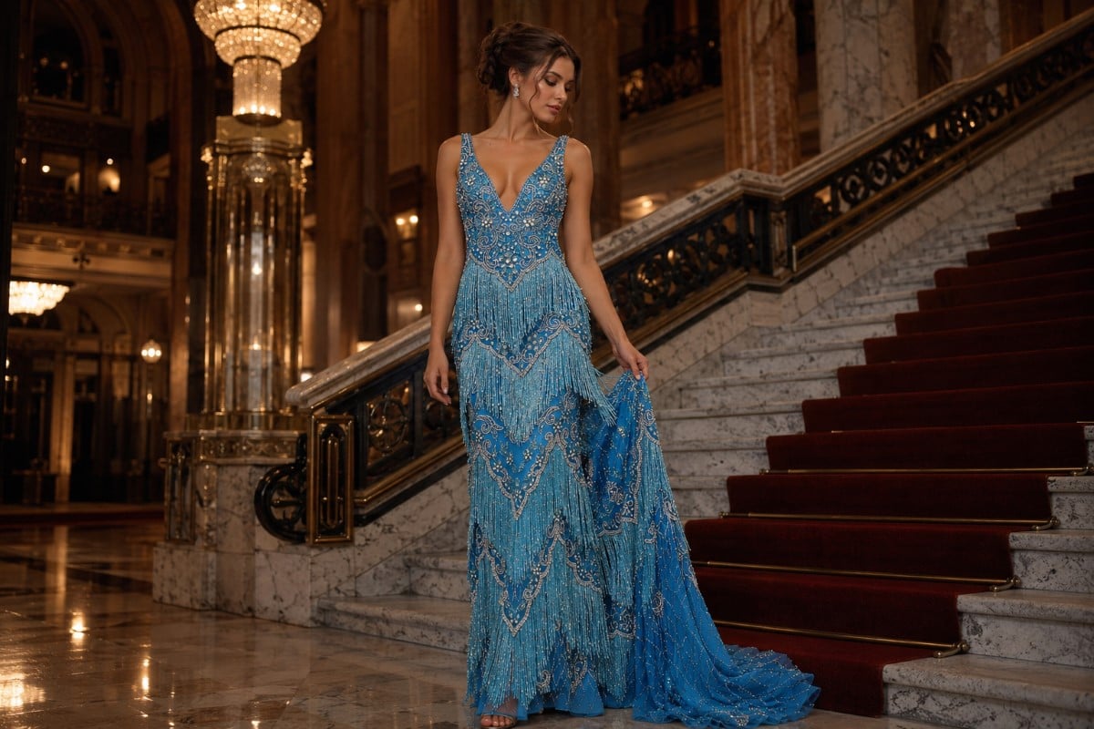 Luxury turquoise fringe prom dress editorial
