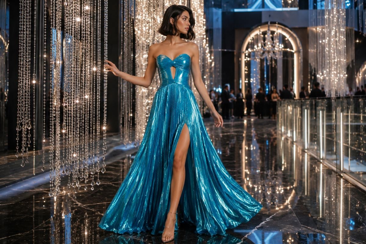 Turquoise metallic prom gown editorial look