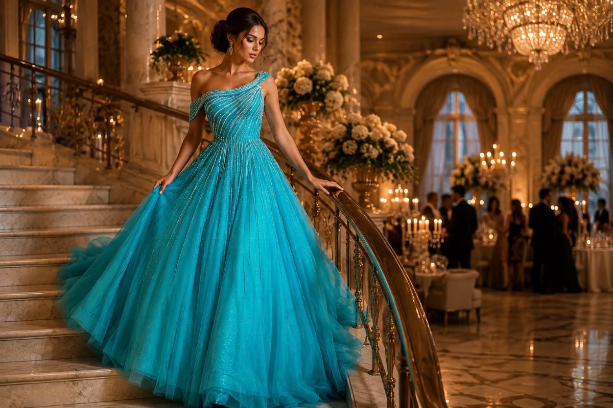 Turquoise ball gown at luxury wedding ballroom reception