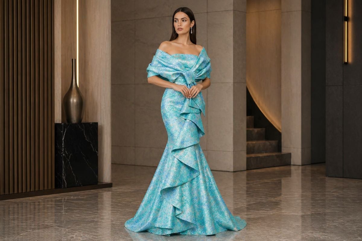 Full body turquoise off-shoulder evening gown with structured bodice and layered ruffle skirt