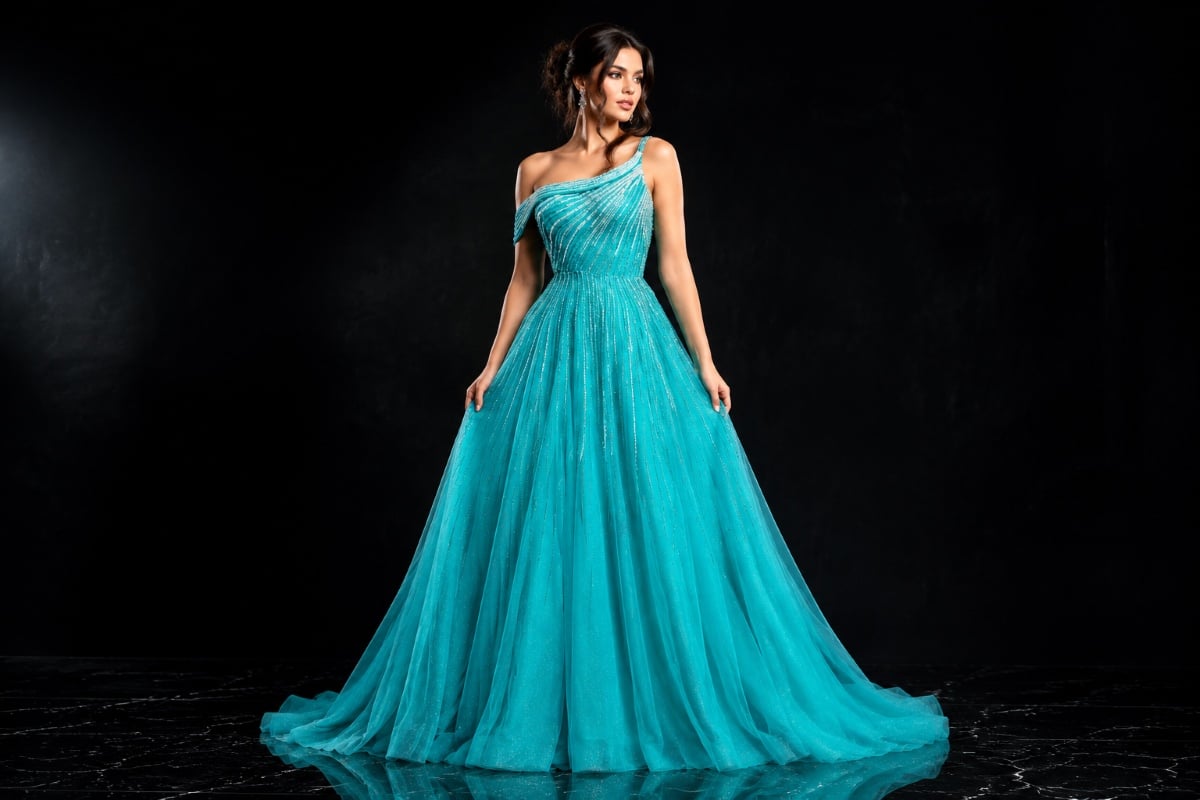 Turquoise crystal one shoulder evening gown editorial