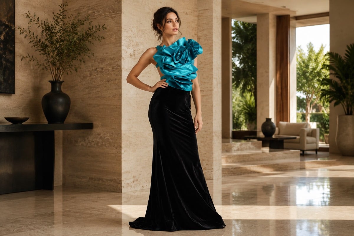 Turquoise sculptural top black velvet skirt