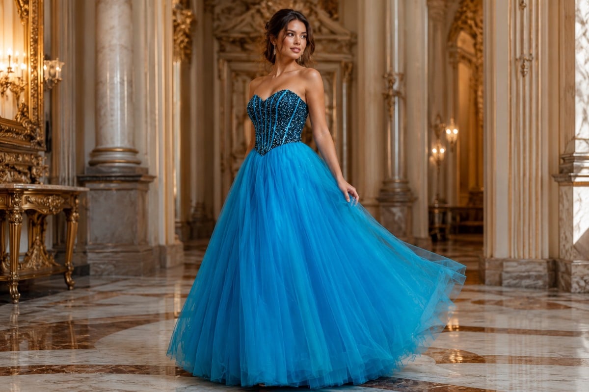 Turquoise sequin ball gown dress