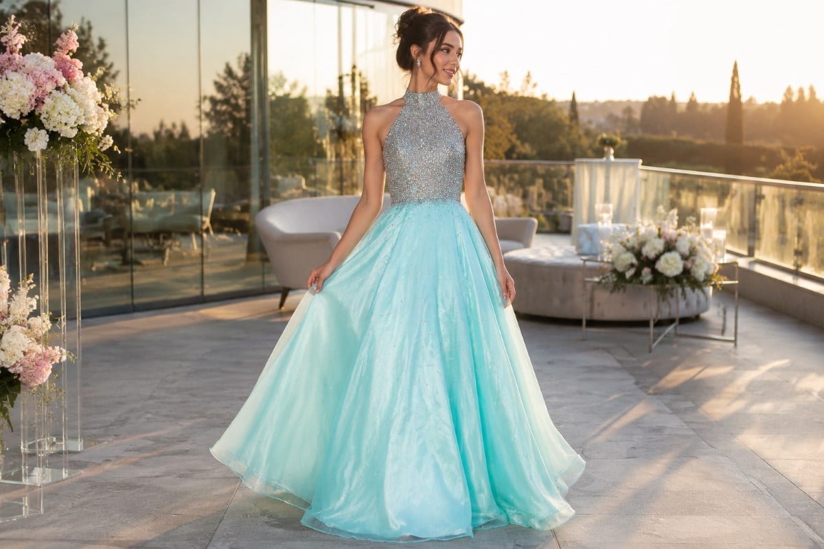 Turquoise Sweet 16 gown outdoor editorial