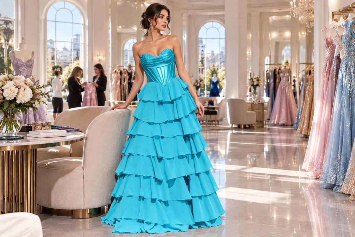 Turquoise tiered wholesale prom dress editorial