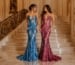 Two brunette models in metallic sequin mermaid gowns