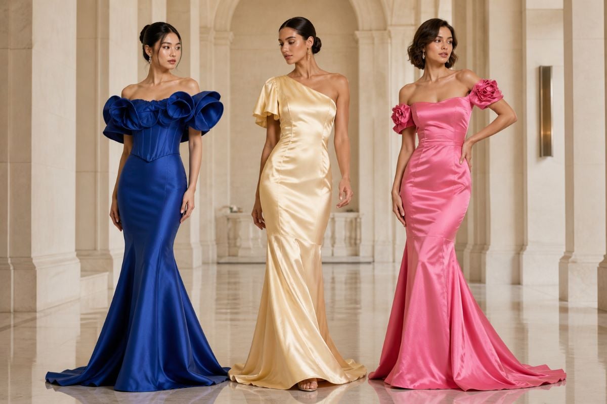 three evening gowns showing cool warm and neutral undertone colors