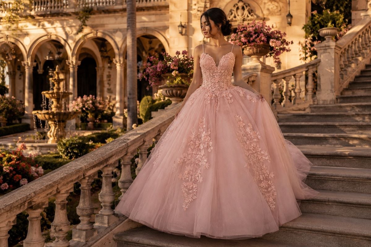 Elegant v-neck quinceañera ball gown editorial