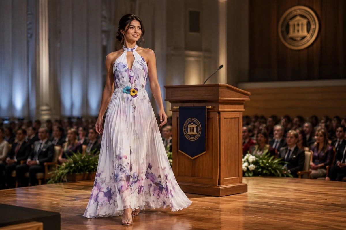 Valedictorian floral halter gown podium scene