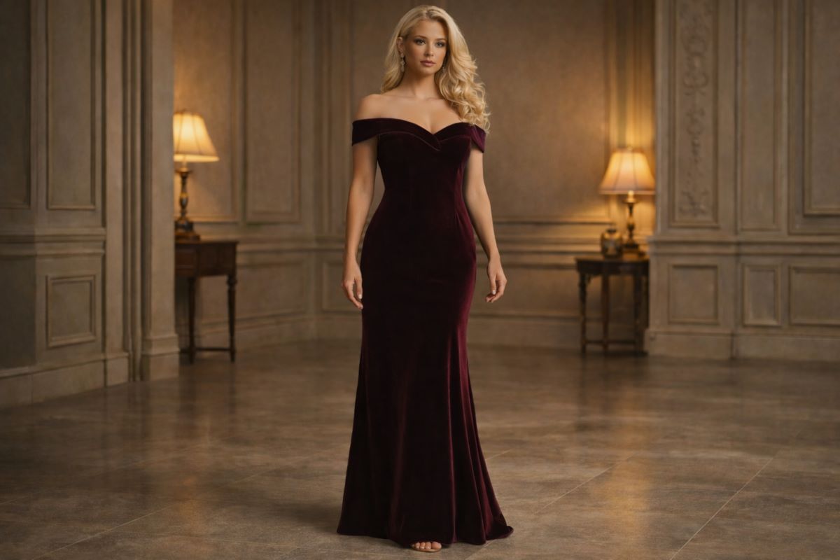 Structured velvet evening gown with rich fabric depth