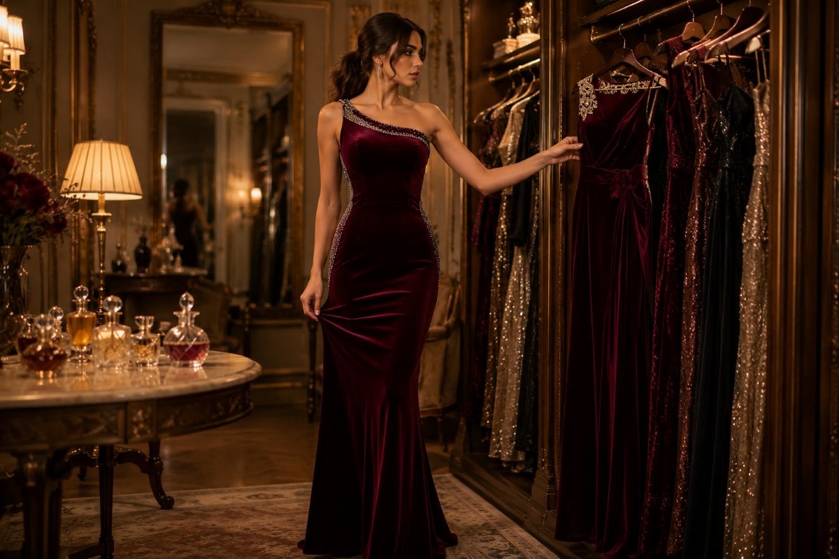 Burgundy velvet gown exploring luxury fragrance wardrobe