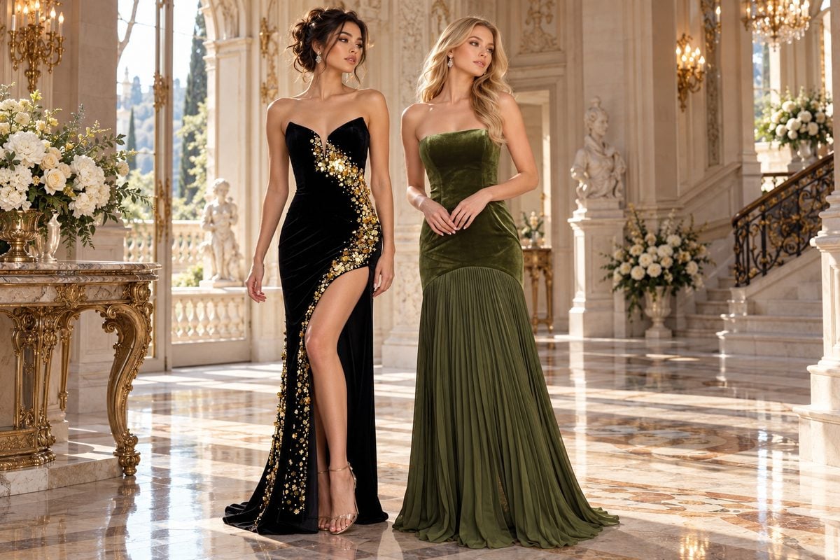 Velvet prom dresses editorial fashion contrast