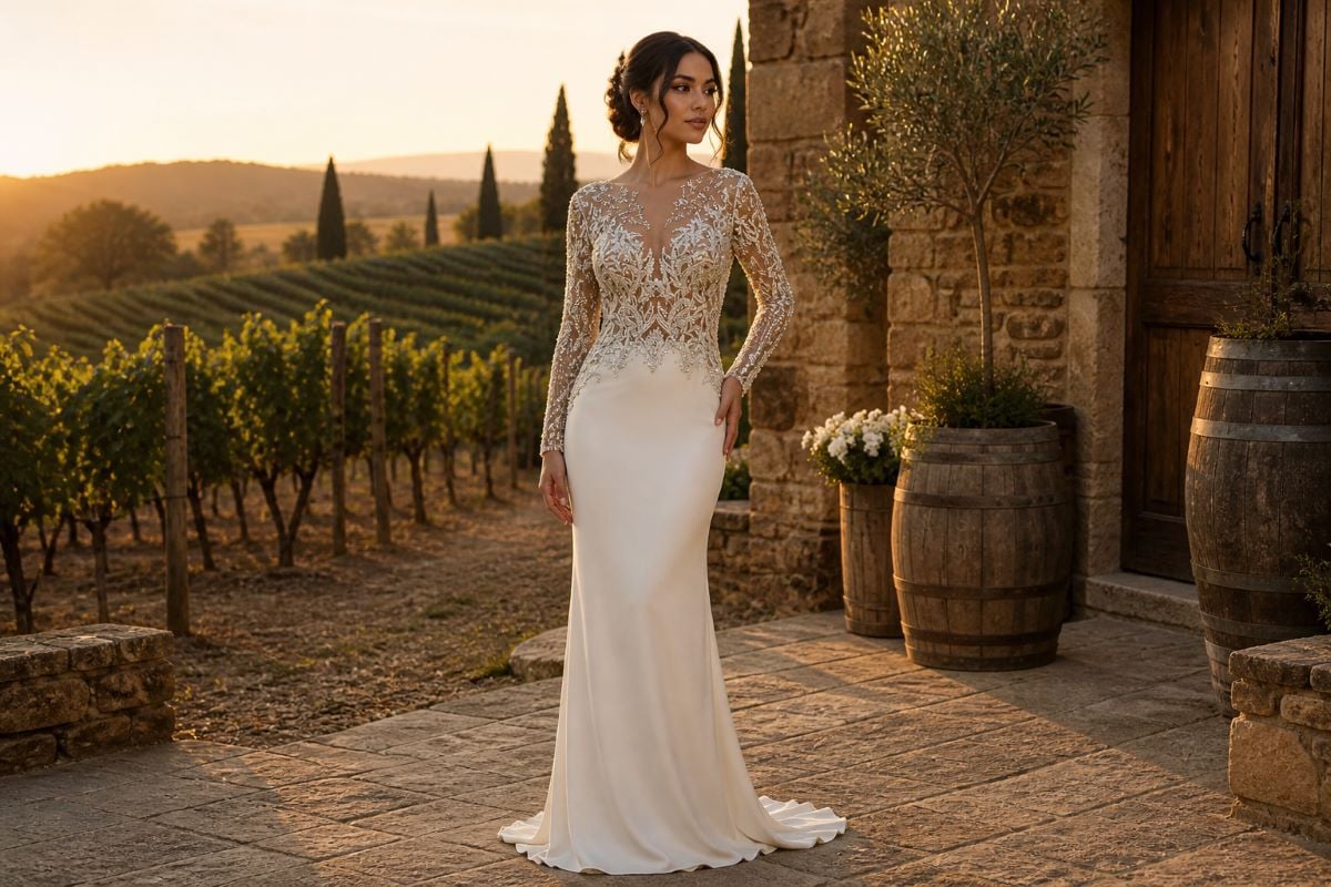 Long sleeve embellished bodice gown in vineyard wedding setting