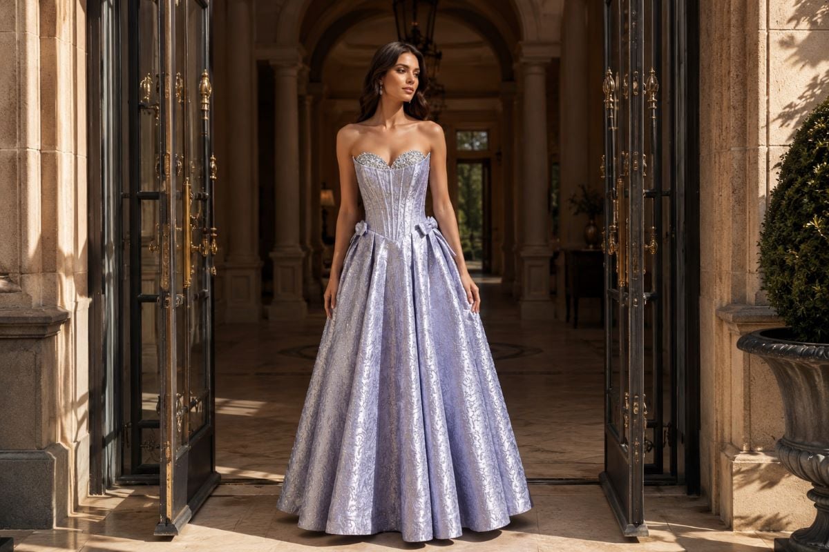 Structured vintage inspired ball gown with corset bodice