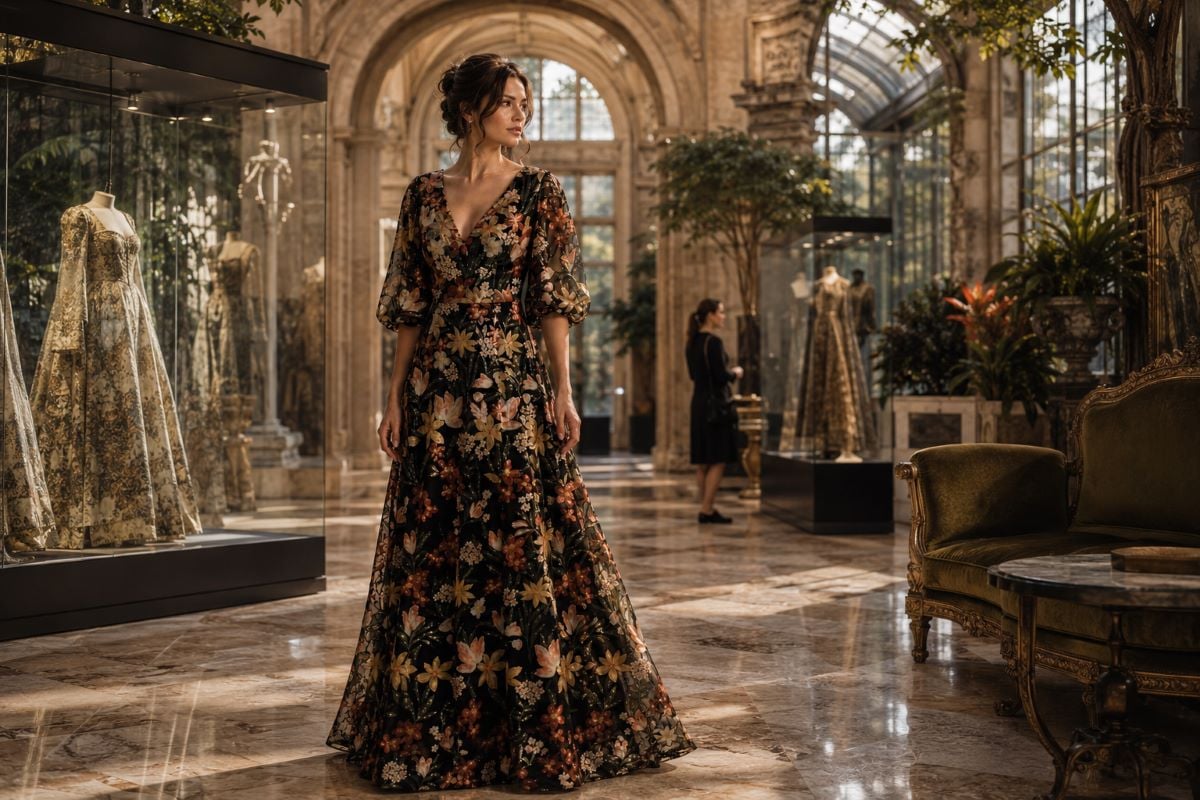 Vintage inspired puff sleeve floral gown